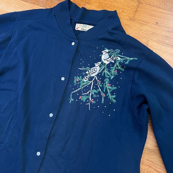 Vtg Orvis Dress Womens Medium Navy Blue Embroidered Birds Snap Up Cottagecore - Picture 3 of 7